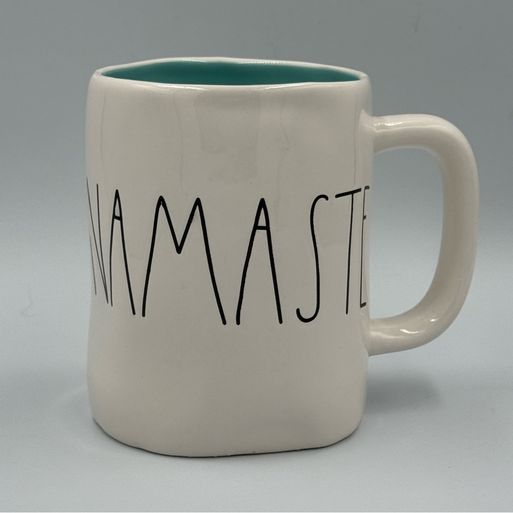 Rae Dunn “Namaste” Mug White Ceramic 16oz with Teal Blue Inner Color